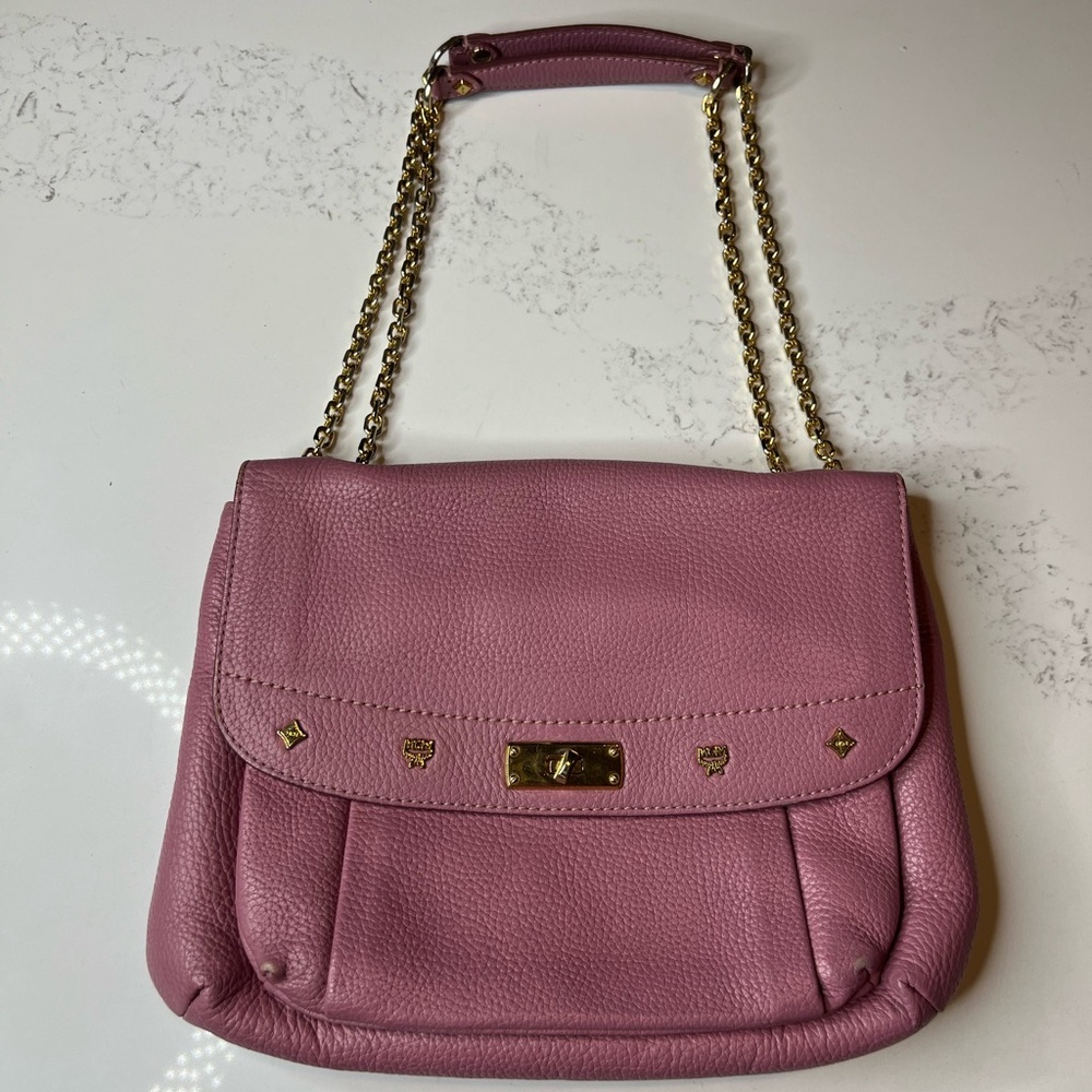MCM Rose Pink Leather Gold Chain Link Shoulder Bag - Picture 1 of 8